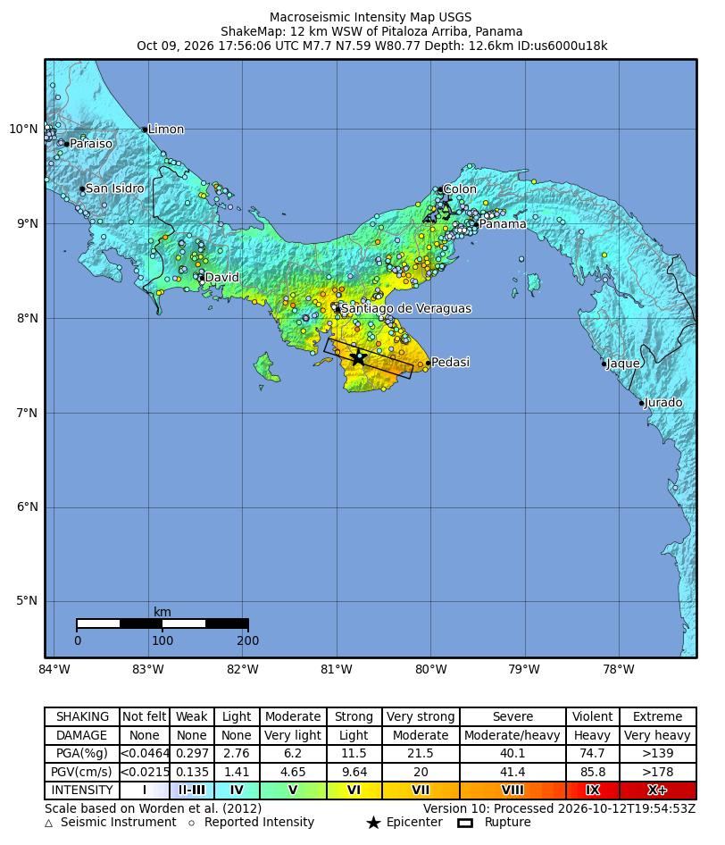 Carte de l'intensité du séisme, magnitude 7.7 (USGS)
