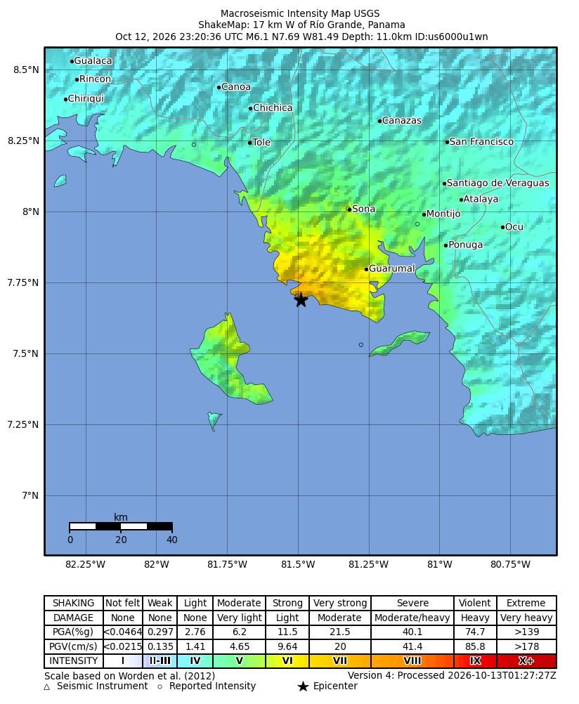 Carte de l'intensité du séisme, magnitude 6.1 (USGS)
